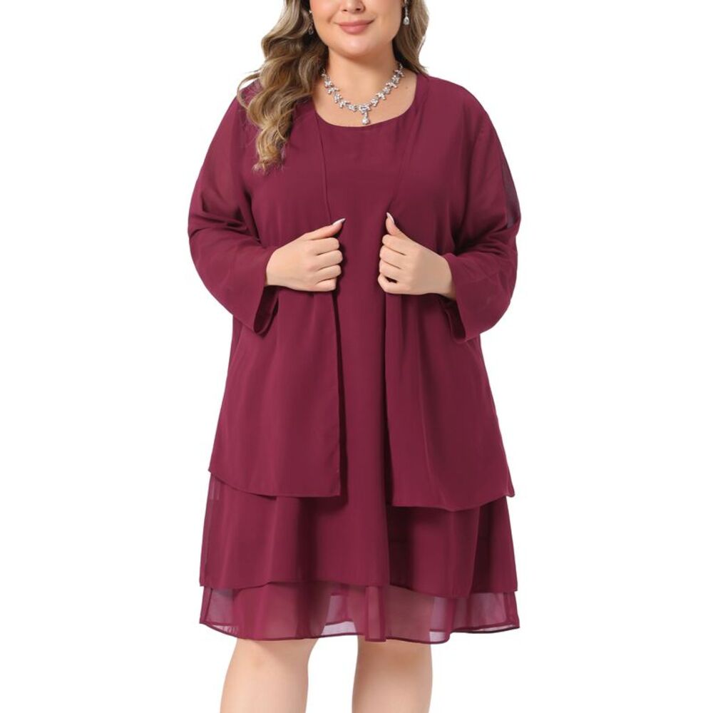 Women Plus Size Chiffon Elegant Two Piece Dress Set Burgundy